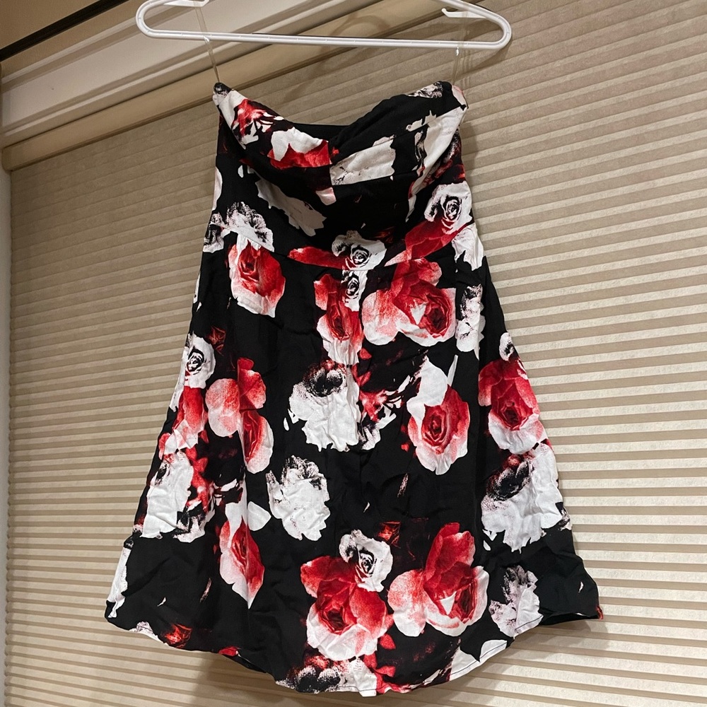 Red Floral Strapless Dress